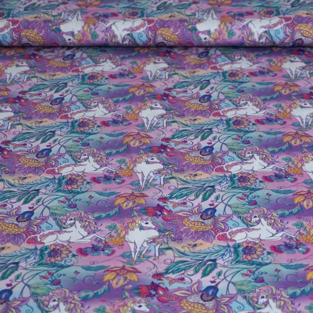 Baumwolljersey Einhorn rosa lila türkis